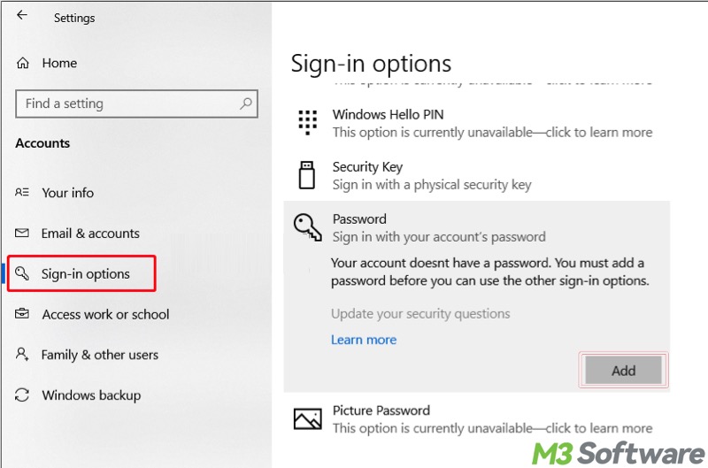 you must add a password before you can use other sign in options