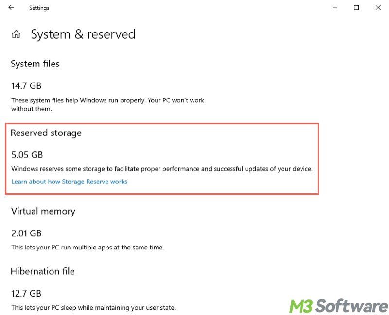 reserved storage in Windows 10 Settings