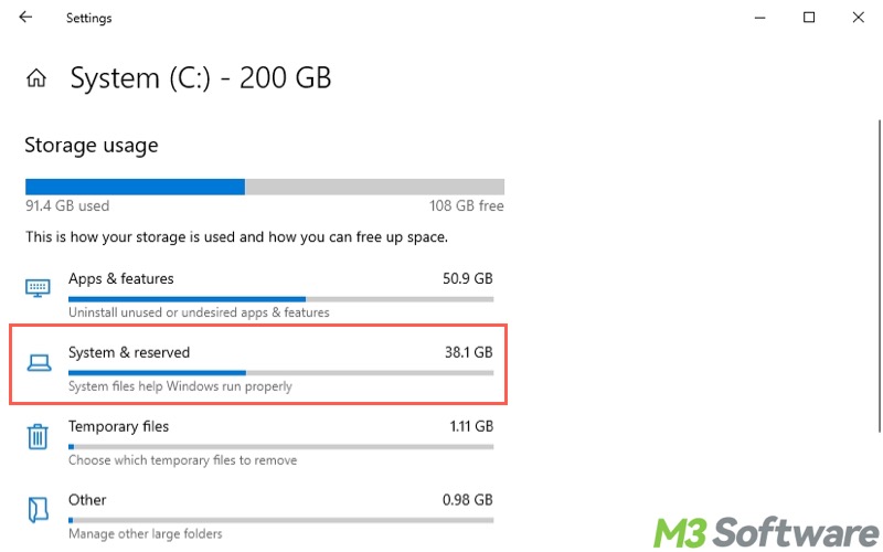 system and reserved storage in Windows 10 Settings