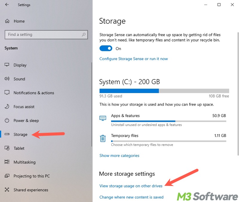 view storage usage on other drives in Windows 10 Settings