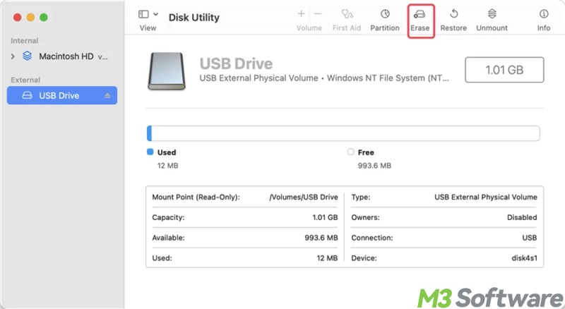 erase NTFS drive in macOS Disk Utility