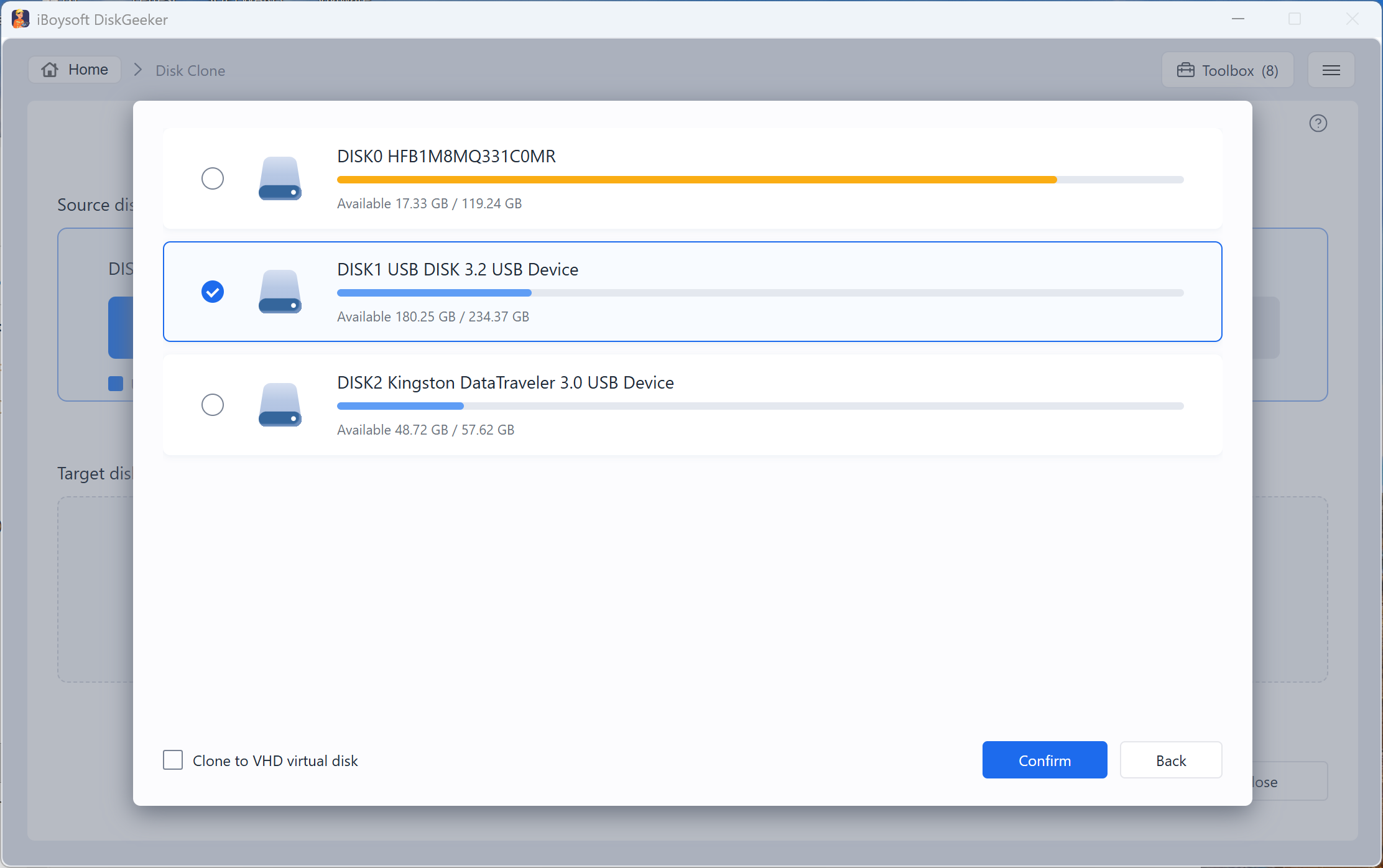 Choose to clone the disk to a virtual disk