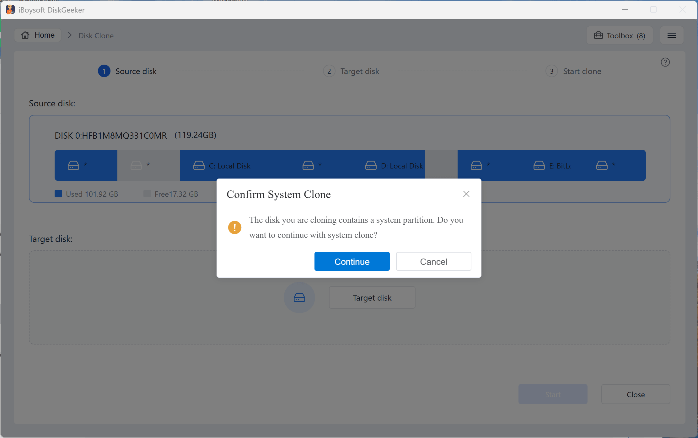 switch to OS disk clone confirmation popup