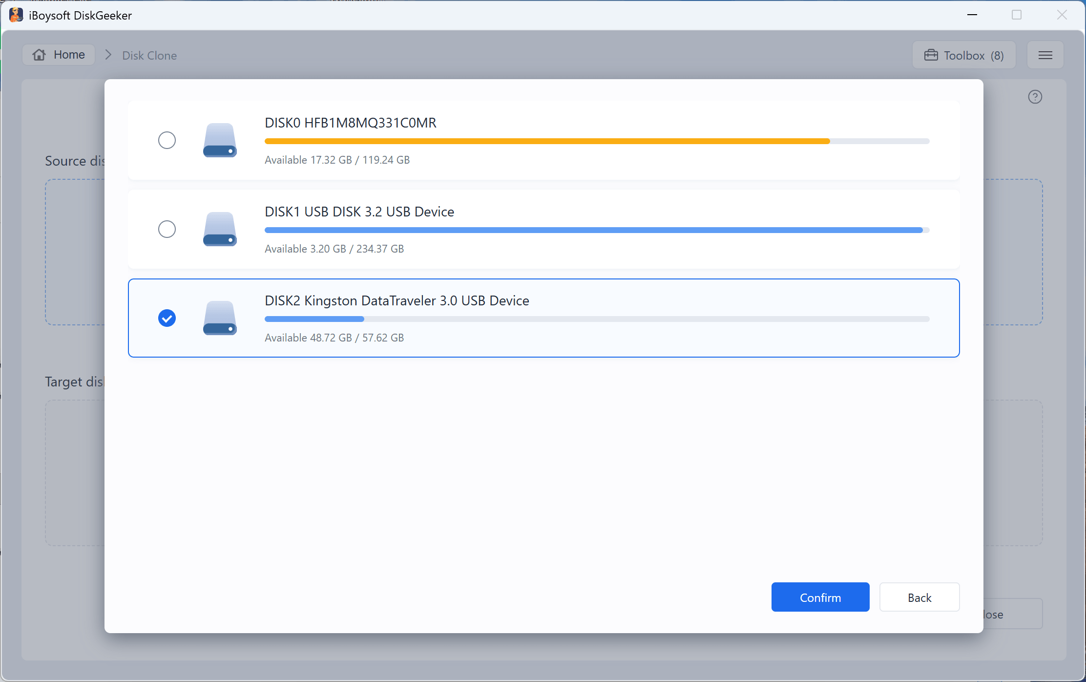 switch to OS disk clone confirmation popup