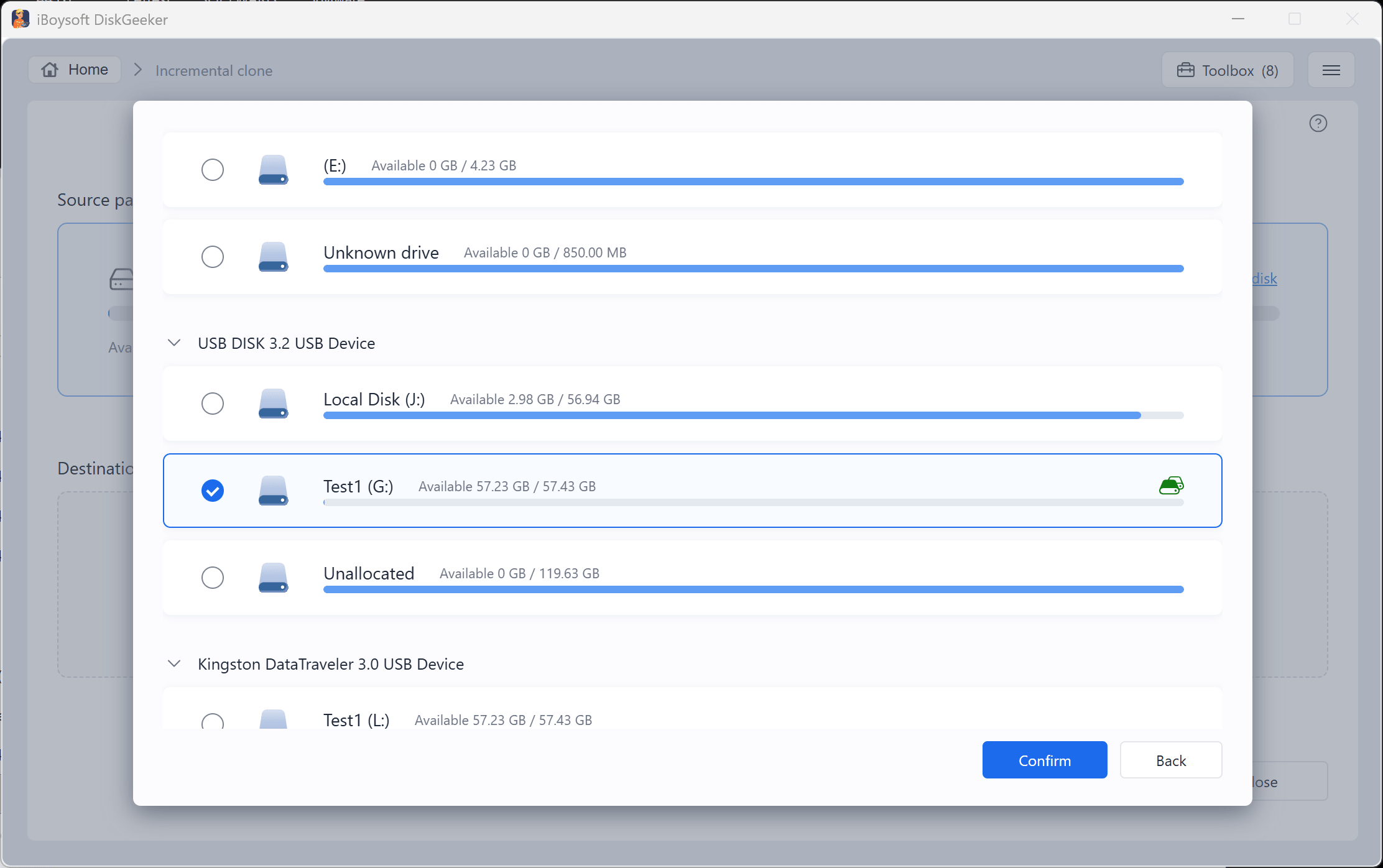 choose a target disk for incremental clone