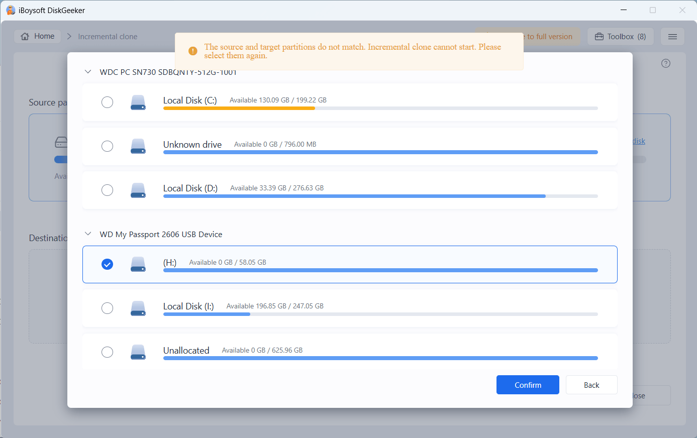 incremental clone failure error