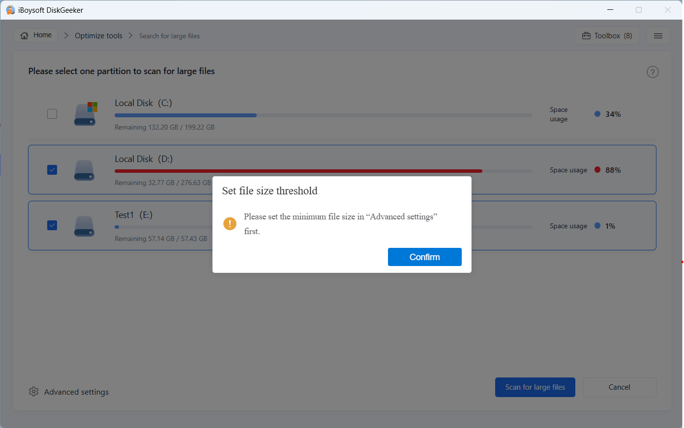 settings for large file finding