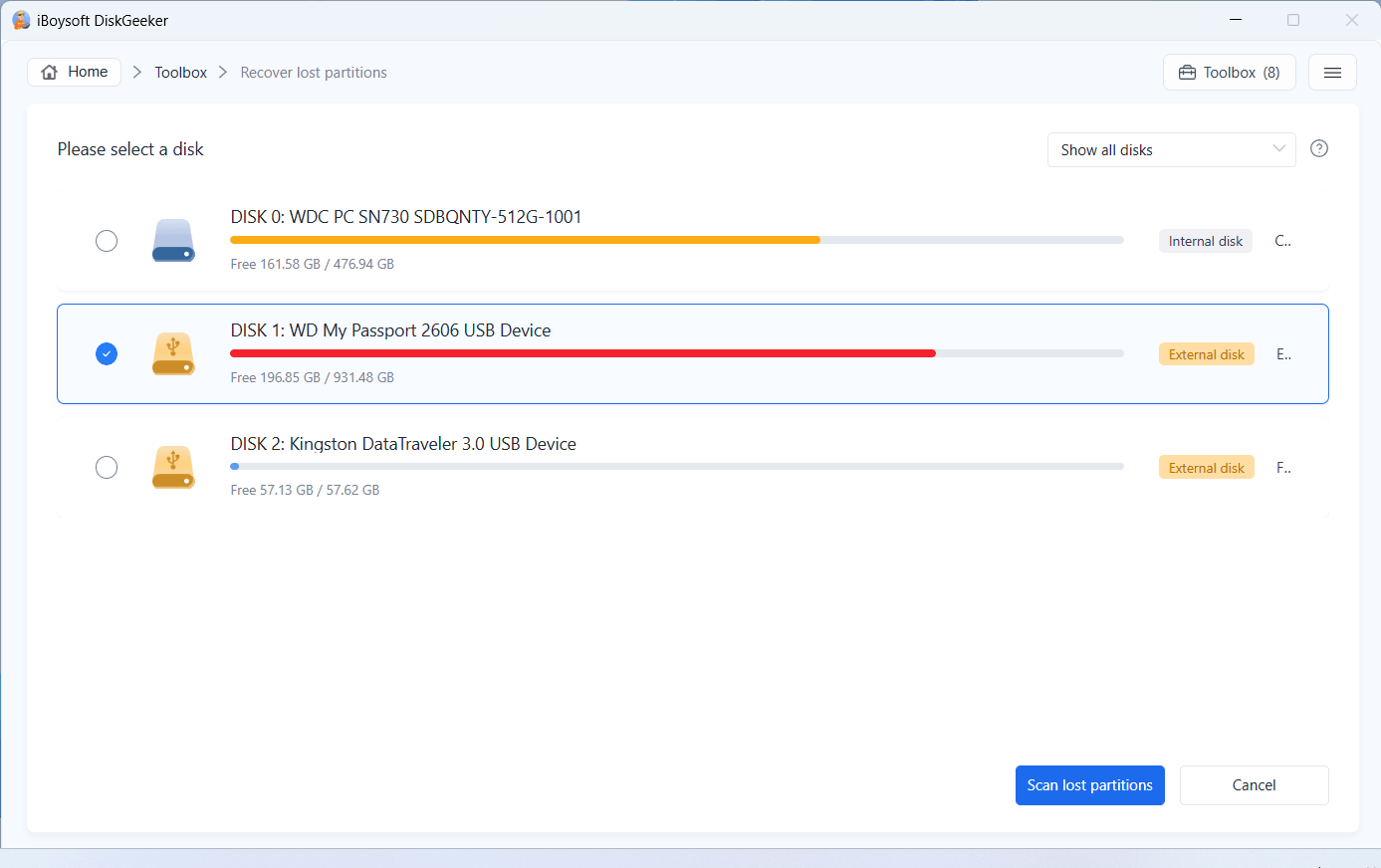 select disk to scan lost partitions