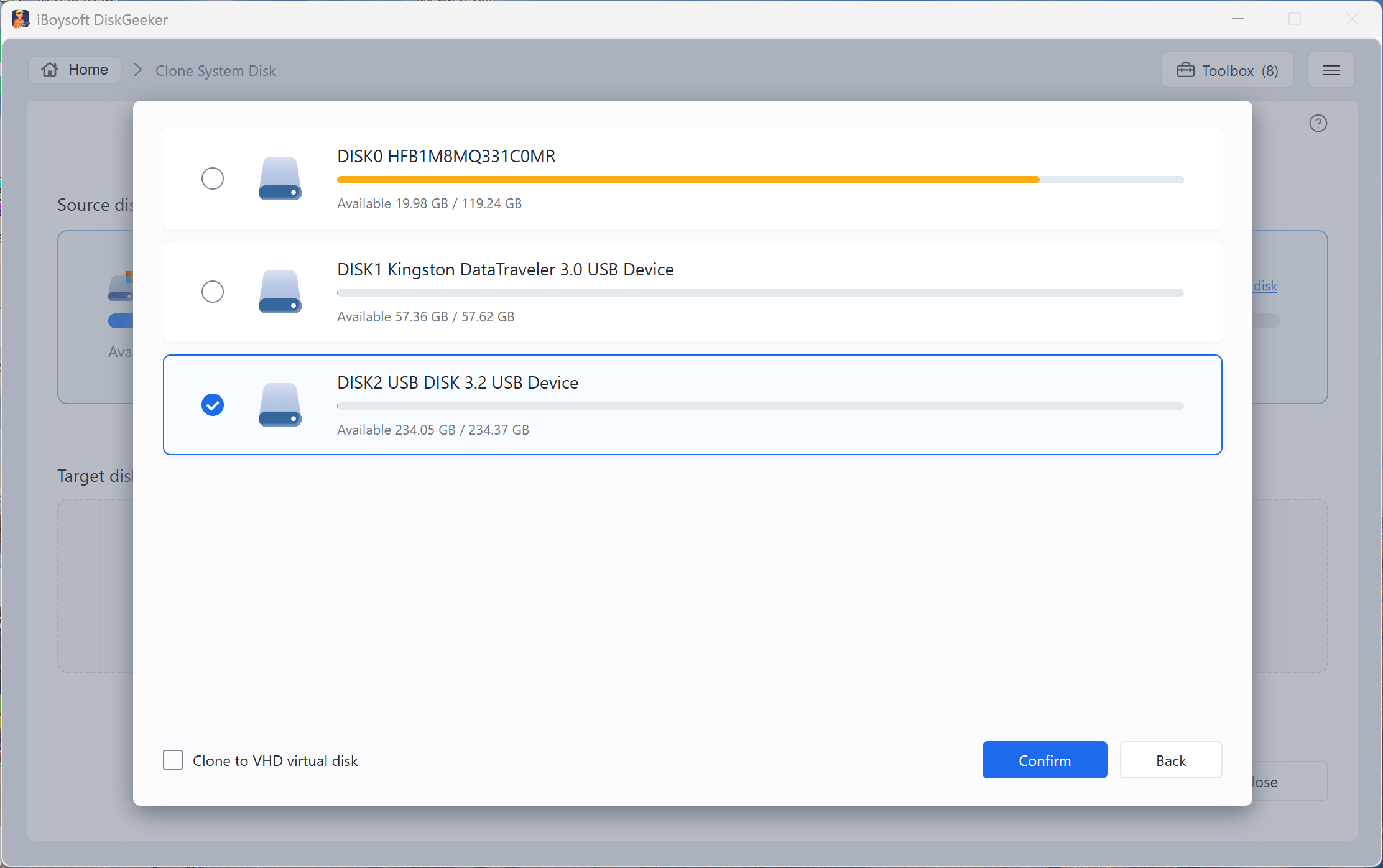 choose destination disk