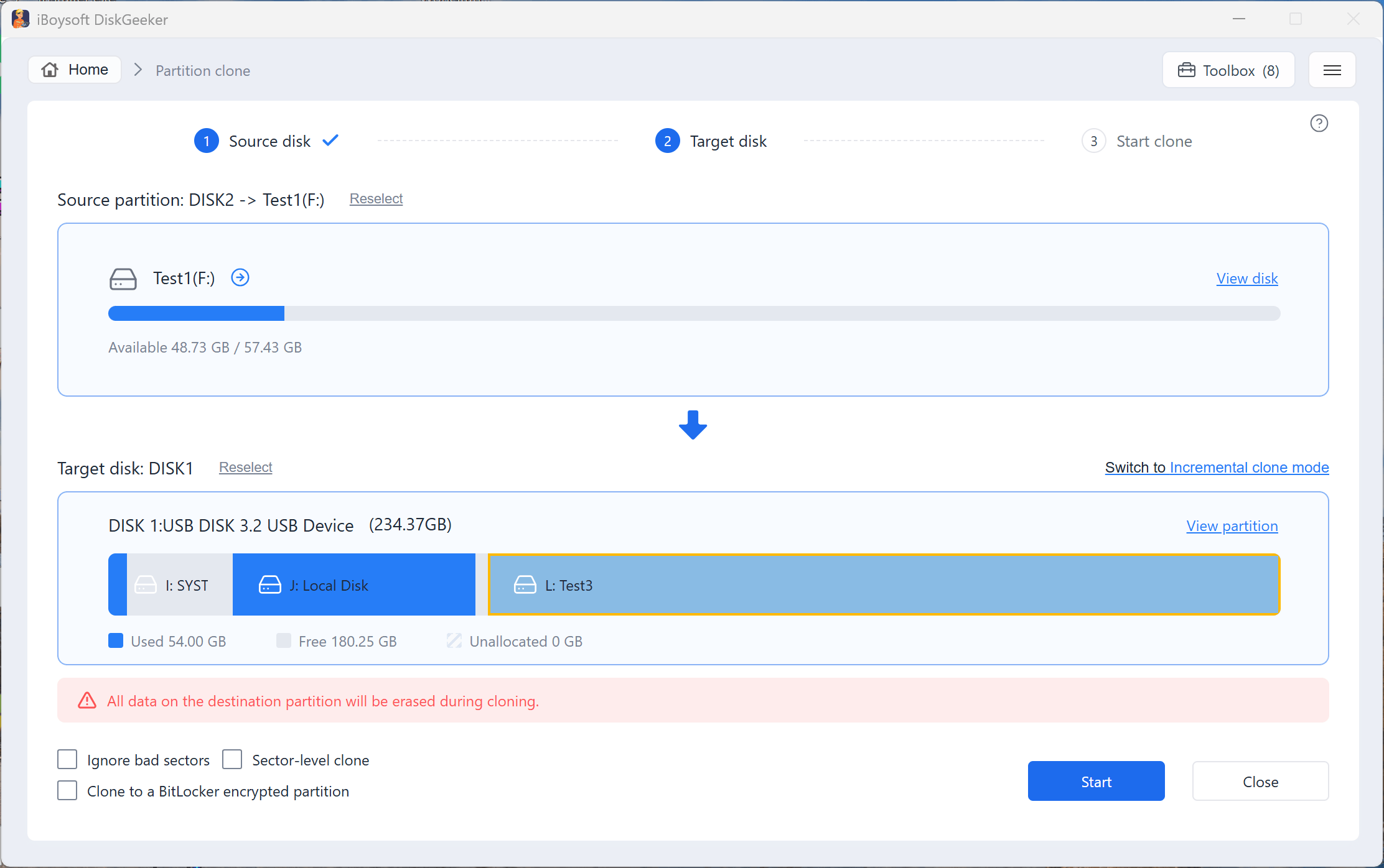 setup partition clone preferences