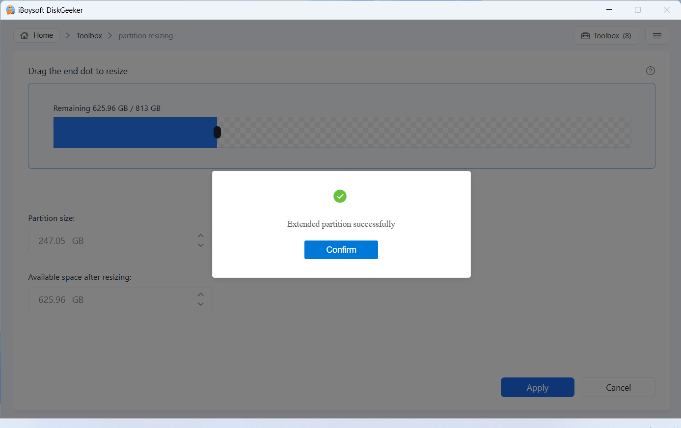 confirm resizing partition