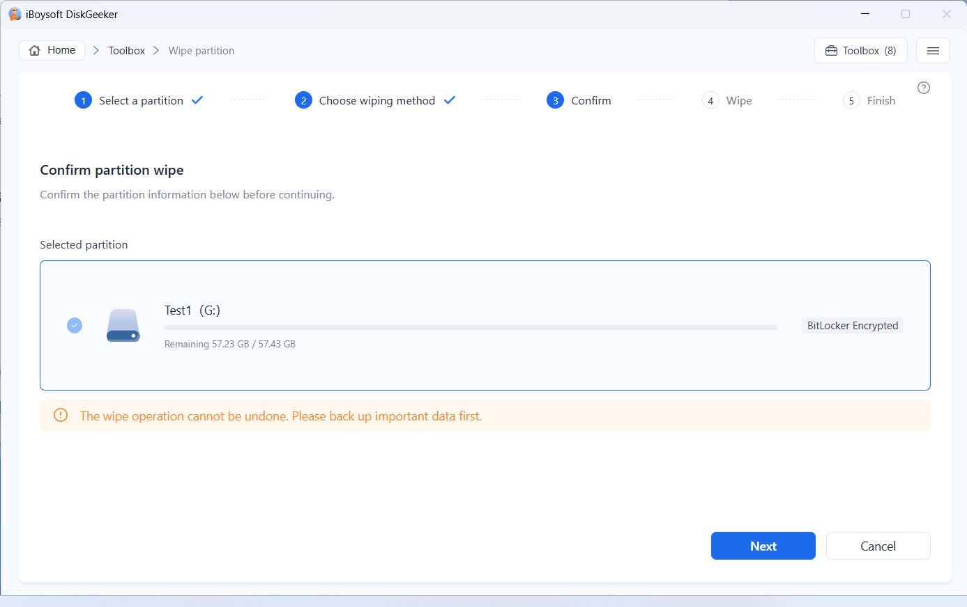 confirm wiping partition