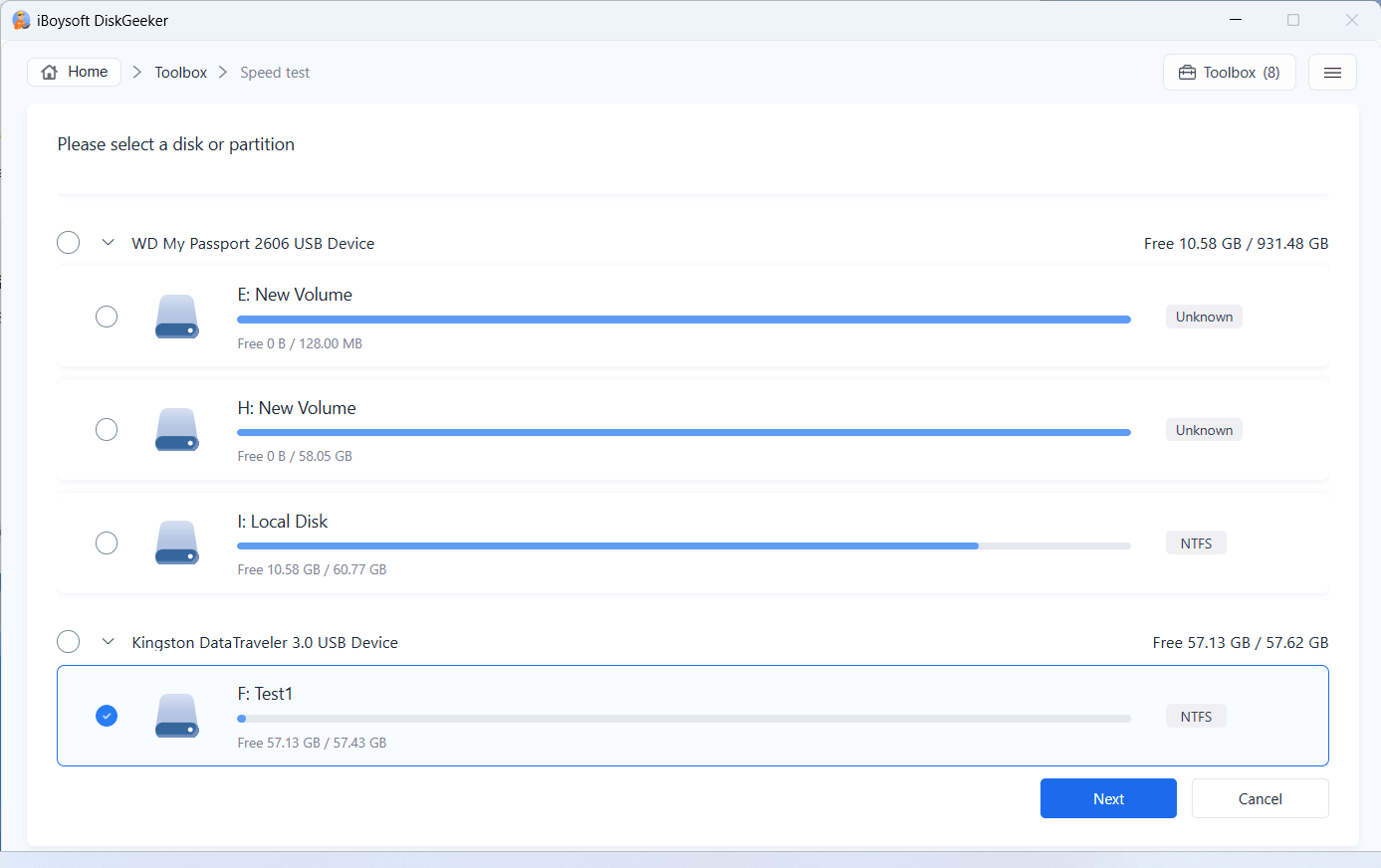 select partition or disk to test speed