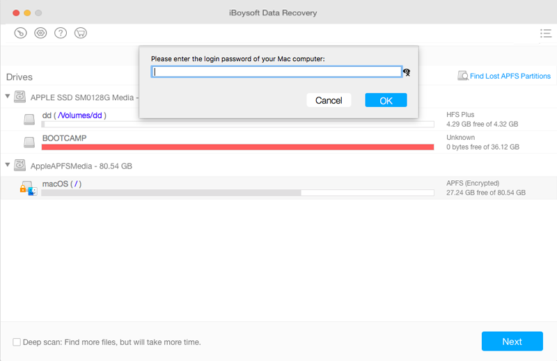 Enter the password to scan lost files from encrypted APFS drive with iBoysoft Data Recovery for Mac