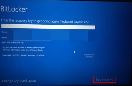 BitLocker recovery screen -skip this drive