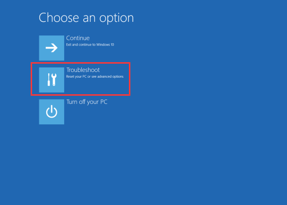 choose Troubleshoot in choose an option