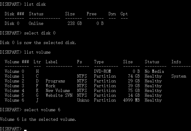 Select volume with diskpart command