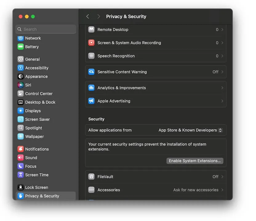 enable system extensions
