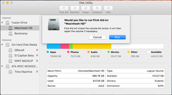Run First Aid in disk utility