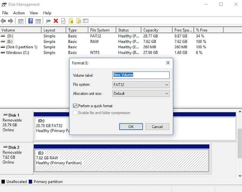 Format external hard drive in Disk Management