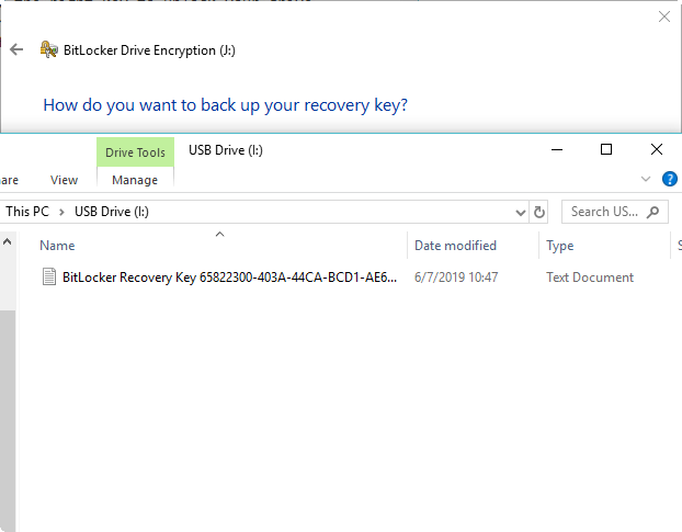 BitLocker recovery key on a USB drive