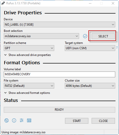 Select iso file in Rufus