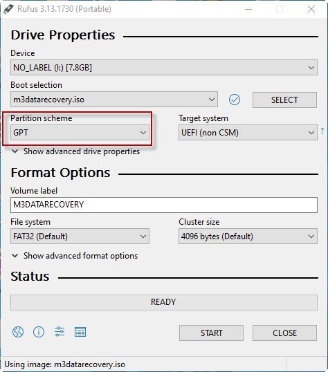 Select GPT partition scheme in Rufus