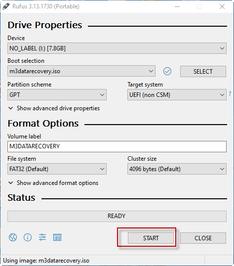 Click start in Rufus