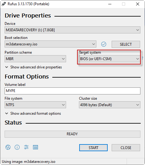 Select BIOS as target system in Rufus