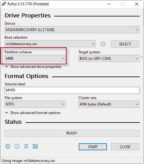 Select MBR partition scheme in Rufus