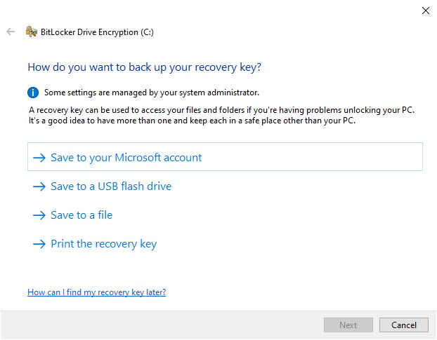Save BitLocker recovery key