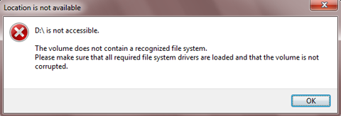 Drive is not accessible. The volume does not contain a recognized file system