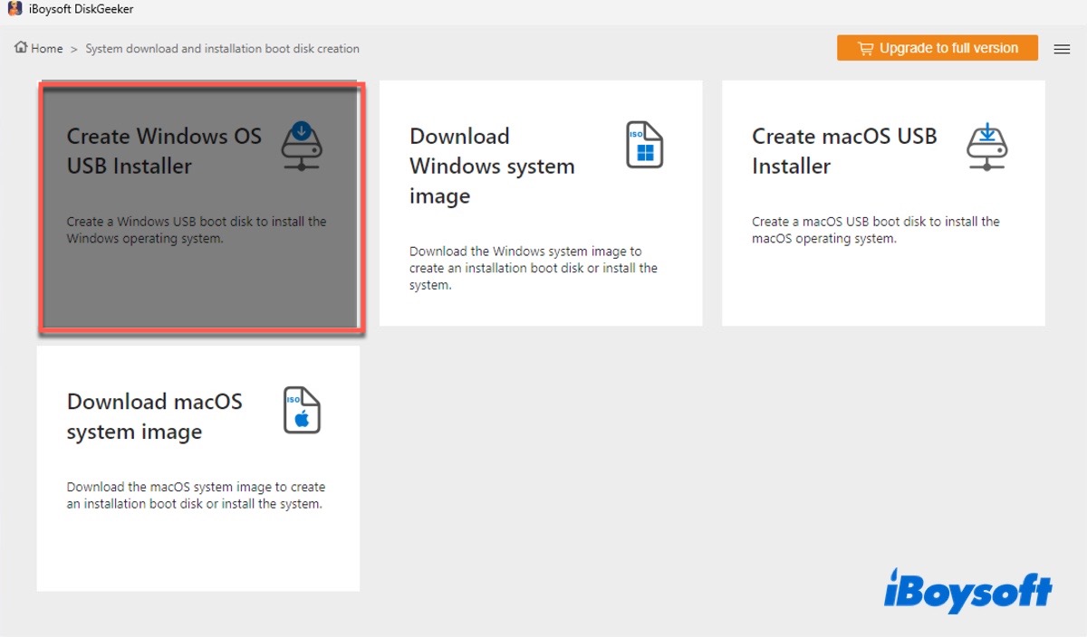 Clicking the Create Windows OS USB installer button