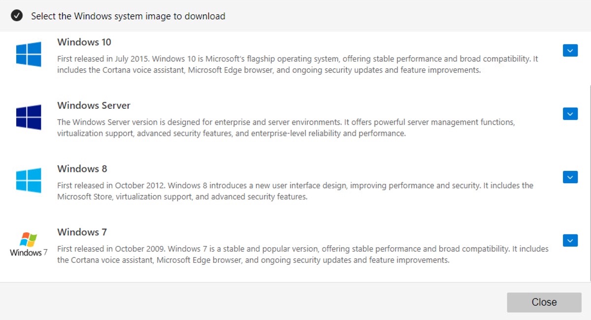 Selecting a Windows version to download