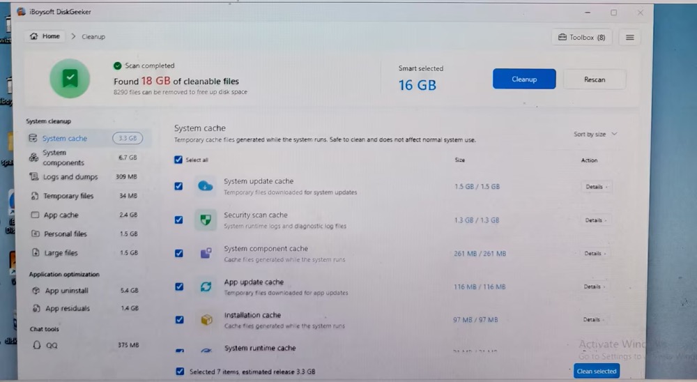 DiskGeeker 16GB cleanable files