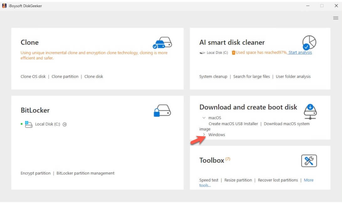 main interface of iBoysoft DiskGeeker for Windows