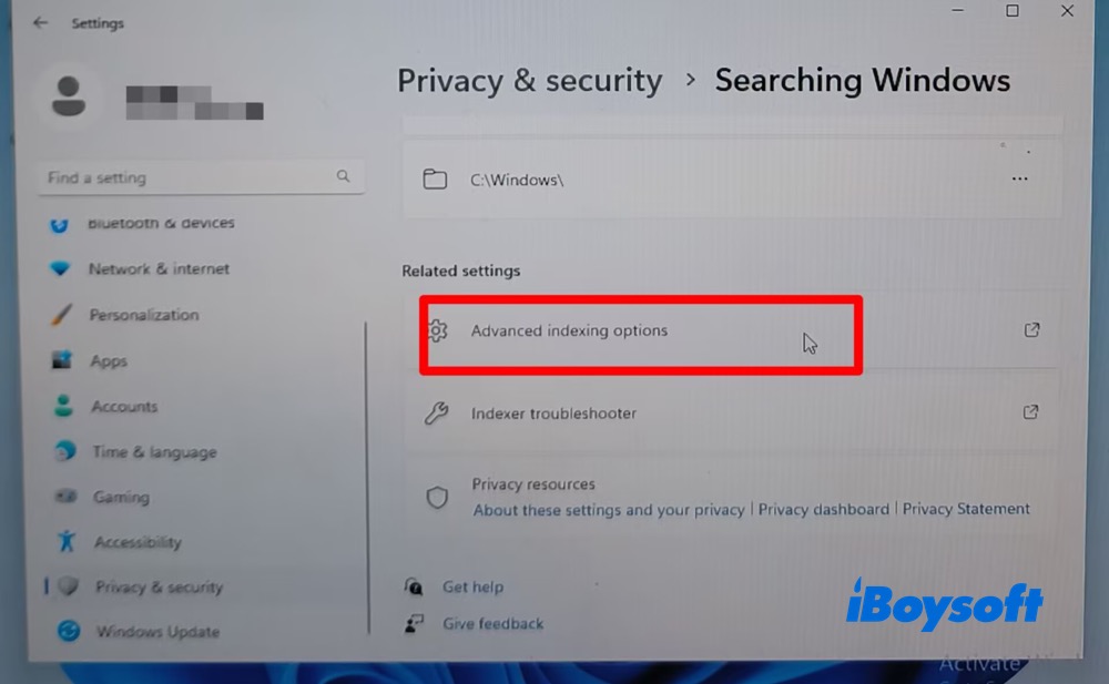 Click Advanced indexing options