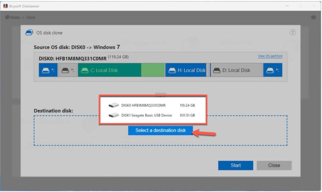 select a destination for Windows 7 OS partition