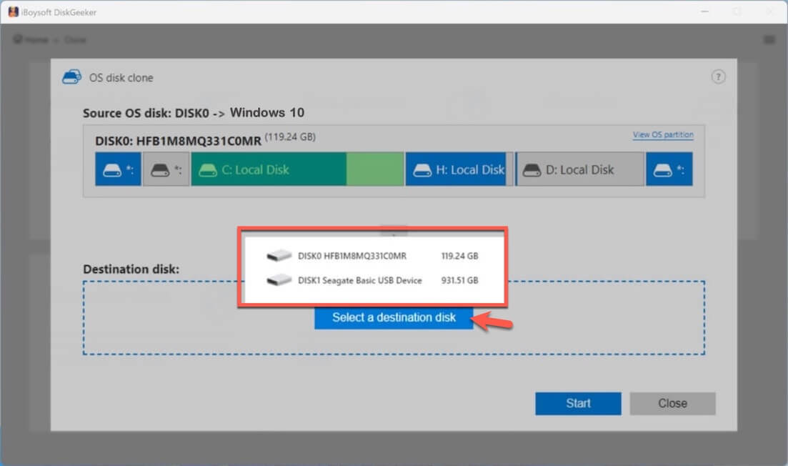 select a destination disk