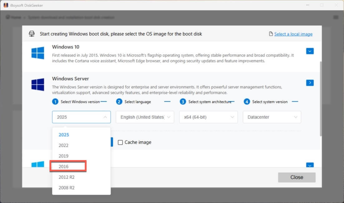 select Windows Server 2016 from the list